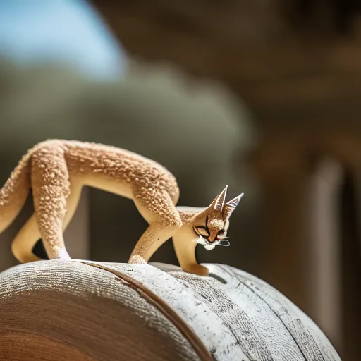 Image similar to a cinematic film still of a claymation stop motion film starring cute caracal, big wooden barrel, ancient greek city, marble temple columns, olive trees, shallow depth of field, 8 0 mm, f 1. 8