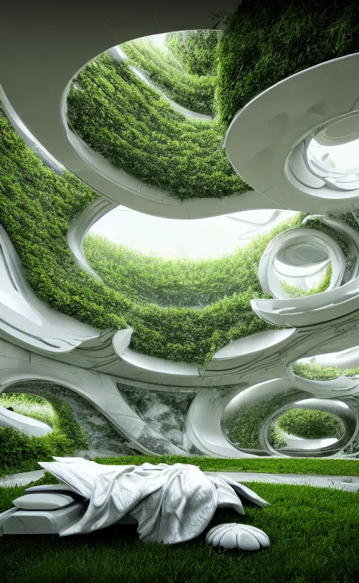 Prompt: highly detailed villa garden natural beautiful light interior soft cinematic composition of a biophilic granite marble nebula fluid white magnolias surreal scifi futuristic architecture cyberpunk landscape, furniture, trees, grass, bed of flowers, water, vincent callebaut composition, 8 k, unreal engine, hdr