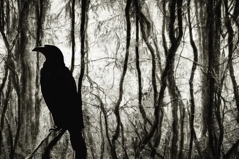 Image similar to crow human, photograph captured in a dark forest