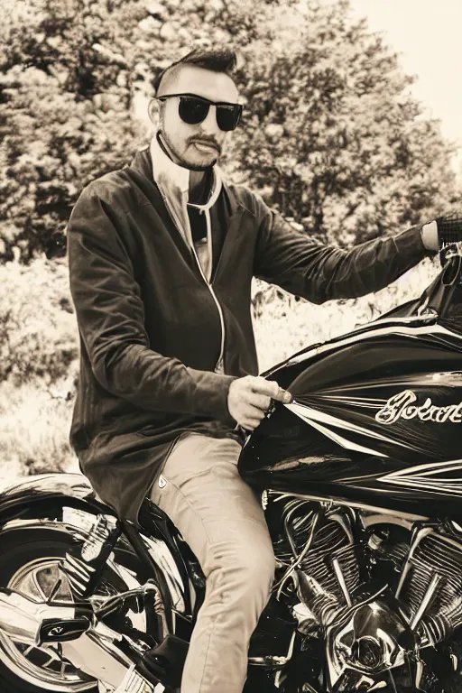 Image similar to a portrait of a handsome man in a motorcycle