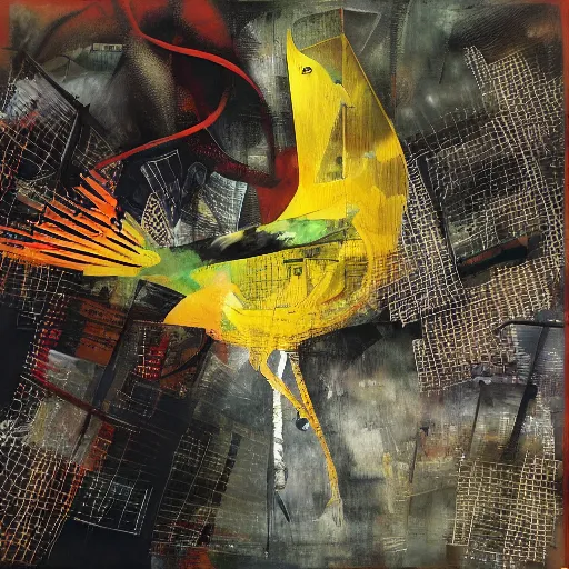 Prompt: a bird moving between urban informatics and computational social science, oil on canvas by dave mckean and yoji shinkawa