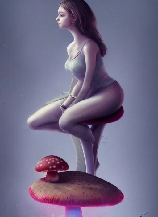 Prompt: a girl sitting on a mushroom, realistic detailed face, psychedelic, by charlie bowater, expressive digital drawing, octane render