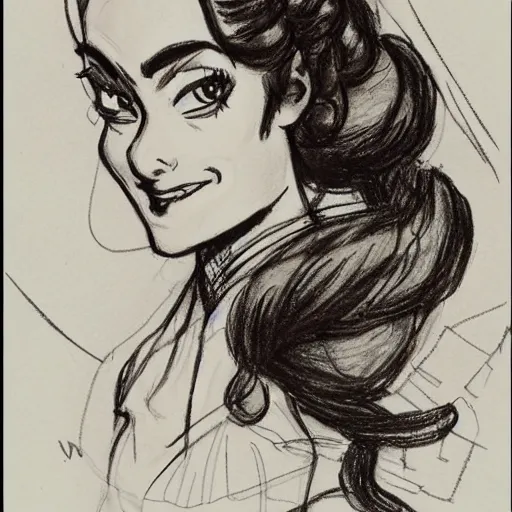 Image similar to milt kahl sketch of vanessa hudgeons with done up hair, tendrils covering face and ponytail as princess padme from star wars episode 3