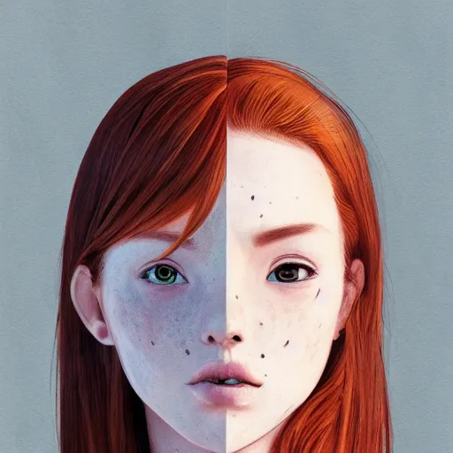 Image similar to a comic portrait of a red haired teenager girl, fine - face, realistic shaded perfect face, freckles, fine details, day setting. realistic shaded lighting poster by eric - anthony johnson and kentaro miura style, trending on art station