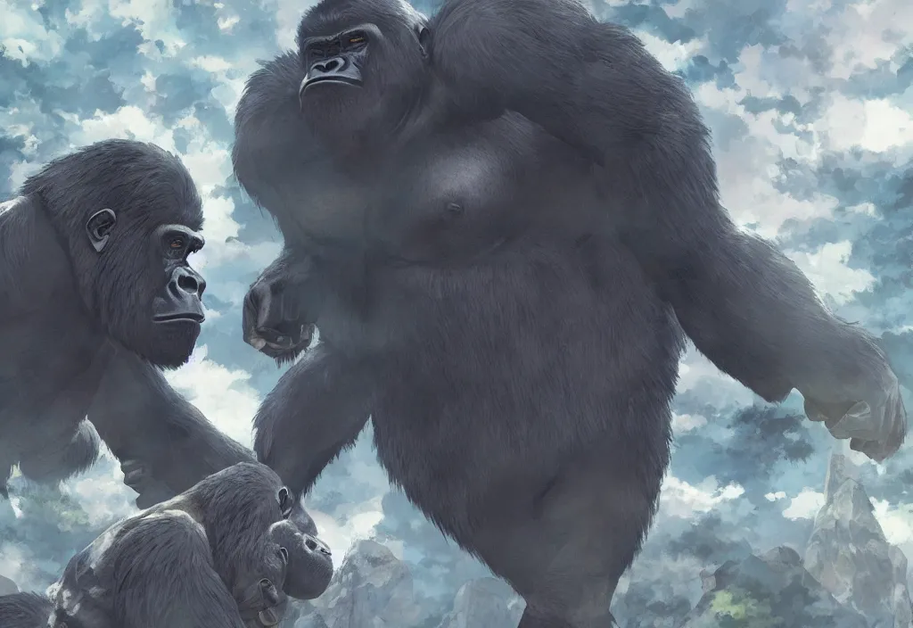 Image similar to a gigantic silverback gorilla beating its chest, by Makoto Shinkai, beautiful