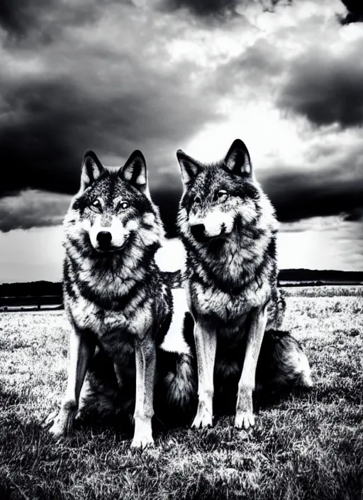 Image similar to two wolves black and white portrait white sky in background