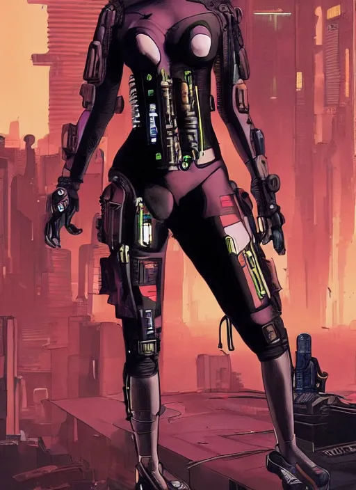 Image similar to selina igwe. cyberpunk mercenary in tactical harness and jumpsuit. dystopian. portrait by stonehouse and mœbius and will eisner and gil elvgren and pixar. realistic proportions. cyberpunk 2 0 7 7, apex, blade runner 2 0 4 9 concept art. cel shading. attractive face. thick lines. moody industrial landscape.