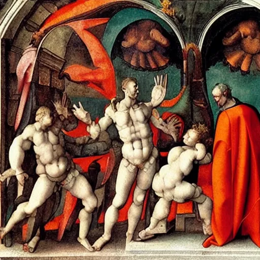 Prompt: An extraterrestrial being invited to the papal court in 1512. Painting by Michelangelo