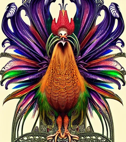 Prompt: hyperrealistic detailed face portrait of a beautiful rooster morphing into a gothic cathedral, authentic ornamental architecture, intricate and highly detailed, awe inspiring art by ernst haeckel, h. r. giger, alphonso mucha, android jones, james jean, gothic, neo - gothic, heavily ornamental, nice deep colours,