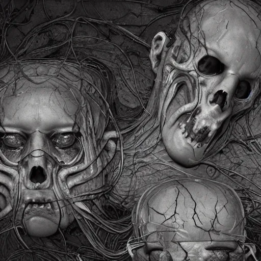 Image similar to , decaying heads, arteries, lovecraft, giger, high octane, cinematic lighting 4 k
