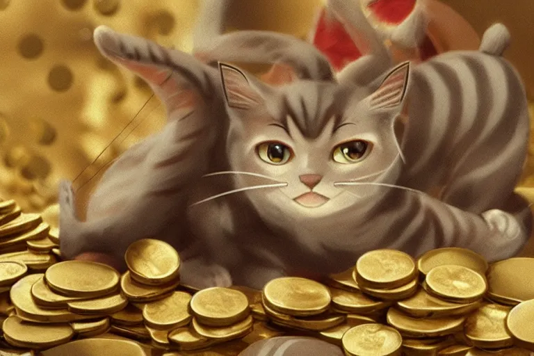 Image similar to meowth, cat pokemon, surrounded by gold coins, photorealism, cinematography