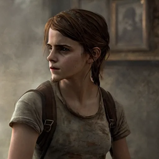 Image similar to A still of Emma Watson as Ellie from tlou,highly detailed cinematography epic composition