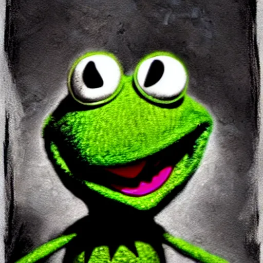 Image similar to grunge cartoon drawing of kermit the frog by - michael karcz , in the style of corpse bride, loony toons style, horror themed, detailed, elegant, intricate