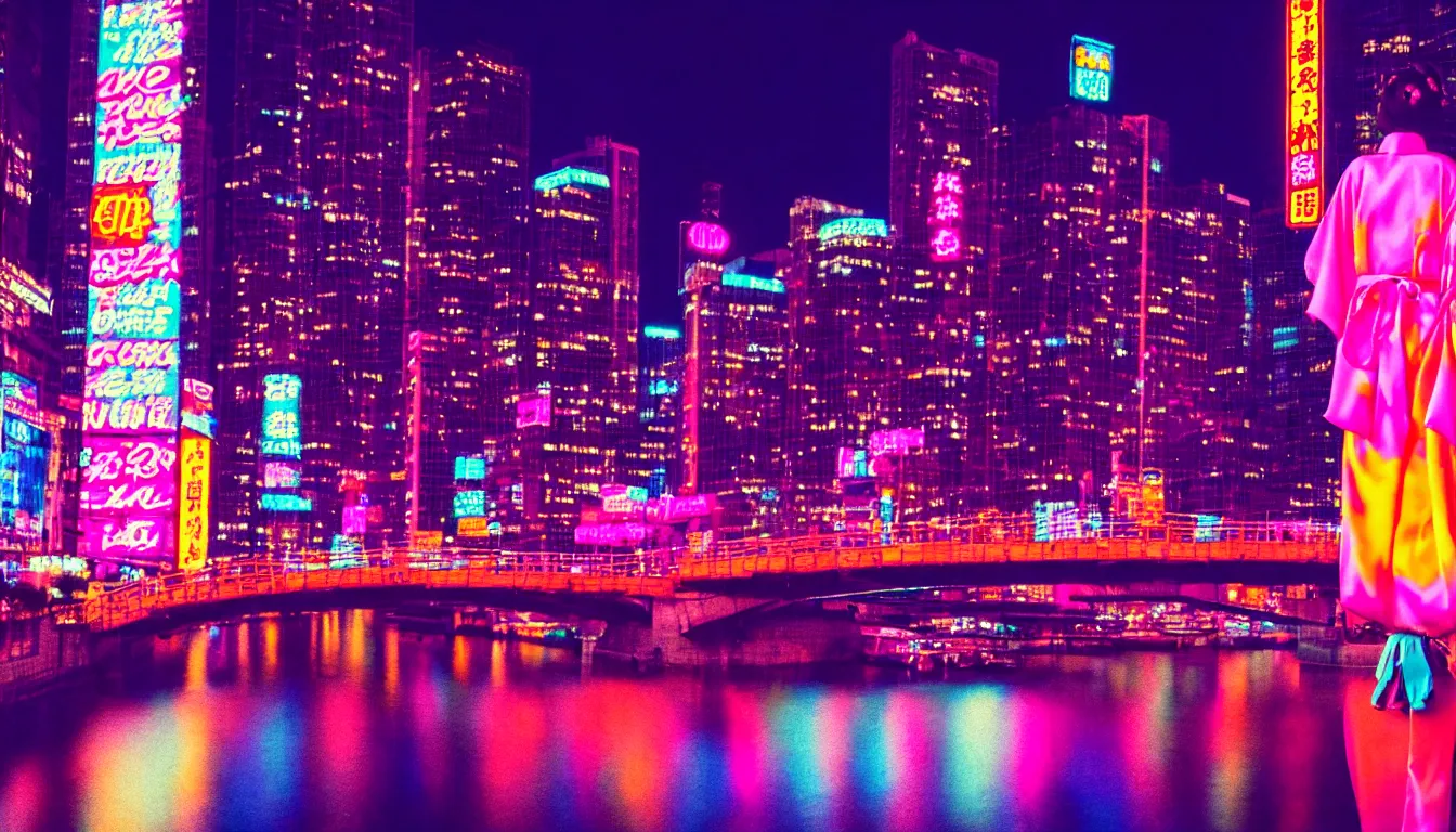 Image similar to 8 0 s neon movie still, woman wearing a kimono looks over a river, city with neon lights is in front of her. movie still. hyperrealistic, high definition, medium format photography, highly detailed, tehnicolor, anamorphic 5 0 mm lens