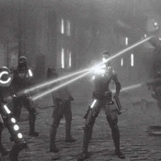 Prompt: grainy 1800s photo of a cybernetic warriors shooting civilians with laser weapons in a smoky city