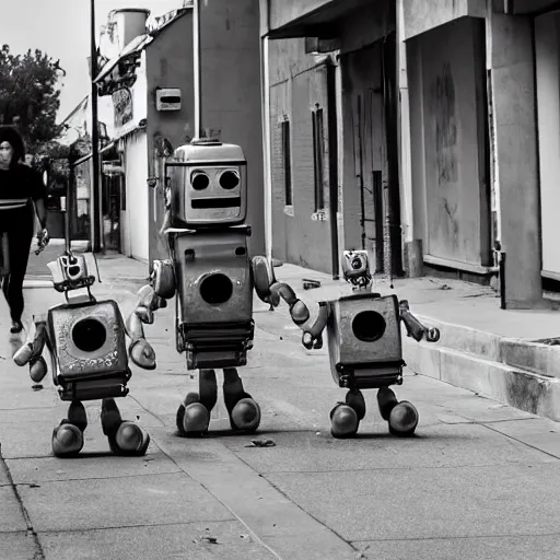 Image similar to in the style of 1960s, A scary robot is chasing after a couple of kids down the ally