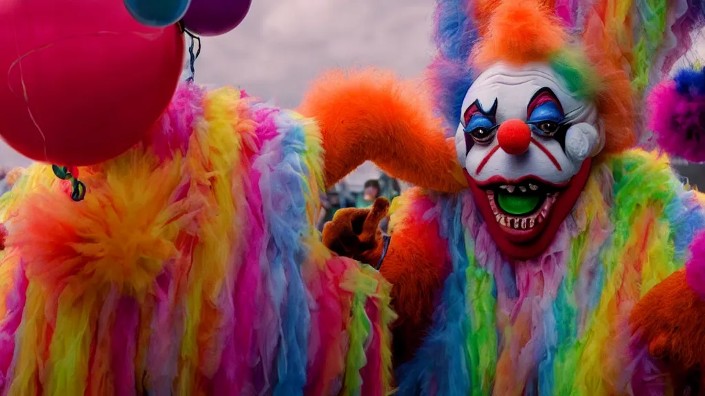 Image similar to the clown monster at the fair, they tie a balloon animal, film still from the movie directed by denis villeneuve and david cronenberg with art direction by salvador dali and dr. seuss