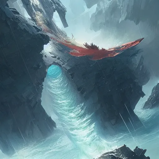 Image similar to A ship falling off the infinitely wide waterfalls at the edge of the world, fantasy art by Greg Rutkowski