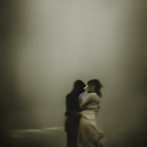 Prompt: an emotional dark picture of two shadowy figures hugging each other, it is raining heavily, 35mm, motion blur