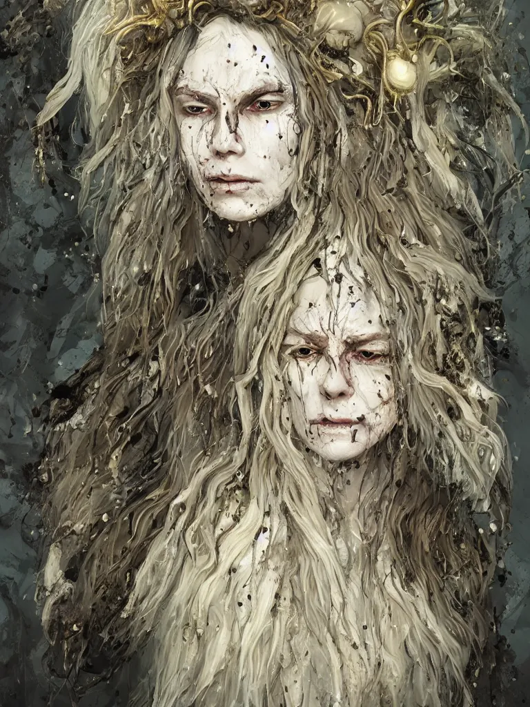 Prompt: splatterpunk portrait of an old witch with cream coloured hair wearing a heavy dark feathered and fur lined cloak in a cloistered woodland, James Gleeson inspired, golden accents, face, fantasy, intricate, highly detailed, digital painting, artstation, concept art, smooth, sharp focus, illustration, art by Wei Fan and Fernanda Suarez and Artem Demura and alphonse mucha