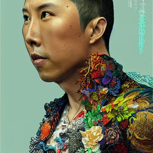 Image similar to portrait of donnie yen, hyper detailed masterpiece, neon floral pattern, jean giraud, digital art painting, darkwave goth aesthetic, psychedelic, artgerm, donato giancola and tom bagshaw