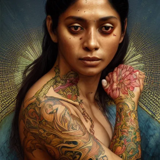 Prompt: zoomed out portrait painting of a muscular bloodied bengali woman lower back, tattooed, ultra realistic, concept art, intricate details, eerie, highly detailed, photorealistic, octane render, 8 k, unreal engine. art by artgerm and greg rutkowski and alphonse mucha