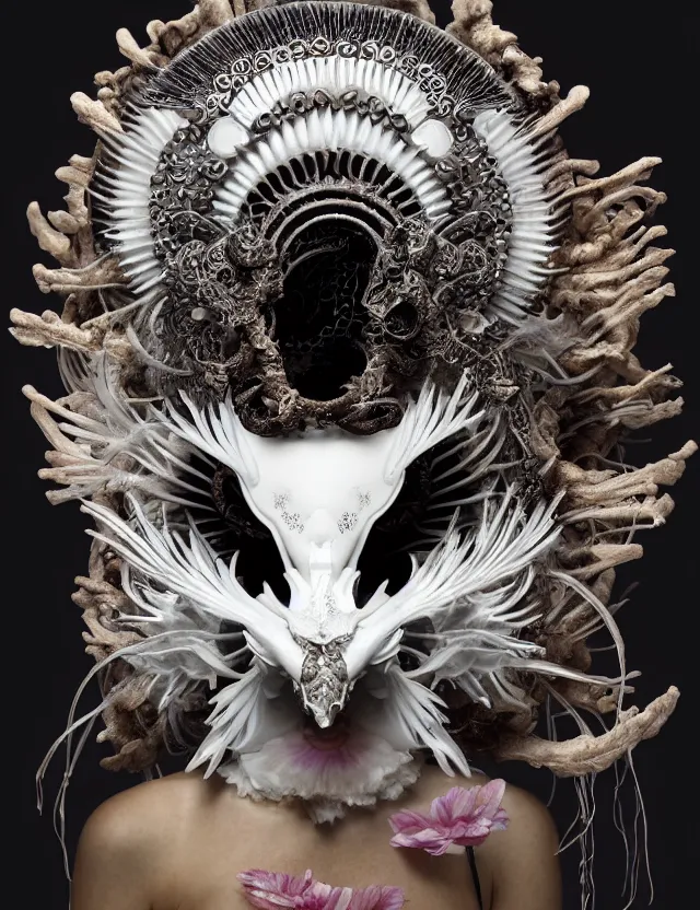 Image similar to goddess macro close - up portrait wigh crown made of ram skull. beautiful intricately detailed japanese crow kitsune mask and clasical japanese kimono. betta fish, jellyfish phoenix, bioluminiscent, plasma, ice, water, wind, creature, artwork by tooth wu and wlop and beeple and greg rutkowski