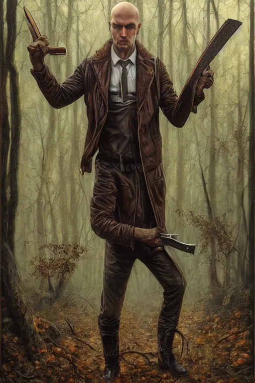 Image similar to a hitman named cobalt wearing a brown leather jacket and wielding a hatchet in the woods. art by tomasz alen kopera.