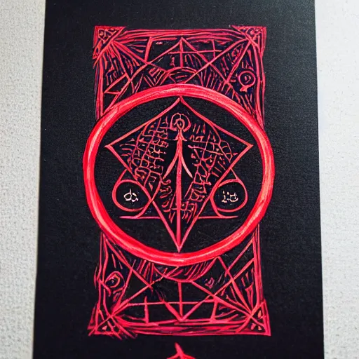 Prompt: tarot card on black paper of intricate red illustration of runes