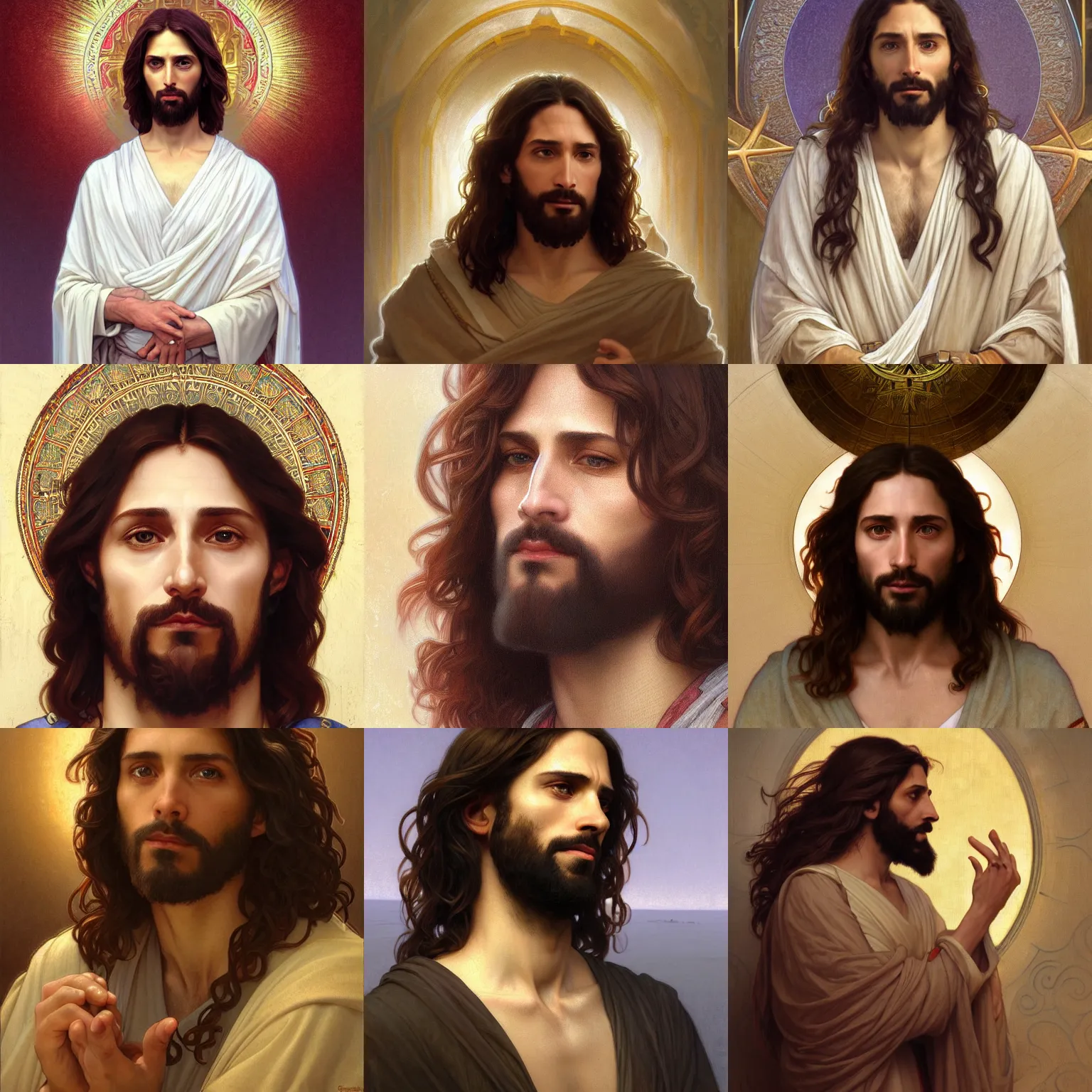 Prompt: a portrait of jesus as a neurotic jewish man with a lot of anxiety, intricate, elegant, highly detailed, digital painting, artstation, concept art, smooth, sharp focus, illustration, art by artgerm and greg rutkowski and alphonse mucha and william - adolphe bouguereau