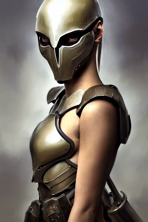 Image similar to a photorealistic painting of an attractive young girl, partially clothed in stealth-like battle armor, olive skin, long dark hair, beautiful bone structure, symmetrical face, perfect eyes, intricate, elegant, digital painting, concept art, illustration, sharp focus, minimal artifacts, from Metal Gear, in the style of Ruan Jia and Mandy Jurgens and Greg Rutkowski, trending on Artstation, award winning