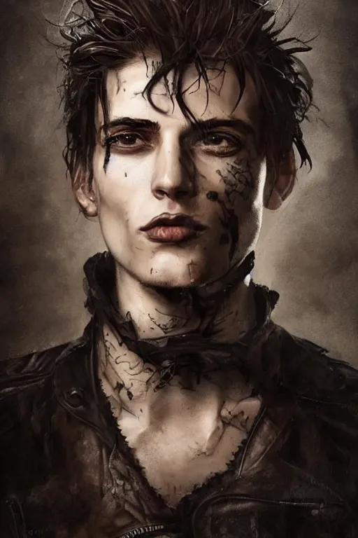 Image similar to a rough looking young man, very short brown hair, gothic, tattered leather coat, intricate, elegant, dramatic lighting, gorgeous face, highly detailed, lifelike, photorealistic, digital painting, artstation, illustration, concept art, smooth, sharp focus, art by John Collier and Albert Aublet and Krenz Cushart and Artem Demura and Alphonse Mucha