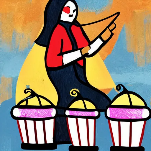 Image similar to a babushka playing drums on a stage, the drums look like giant muffins, digital art