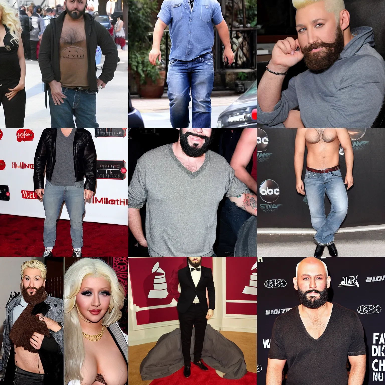 Prompt: very very masculine, christina aguilera, with a beard, body hair, big feet, very manly man