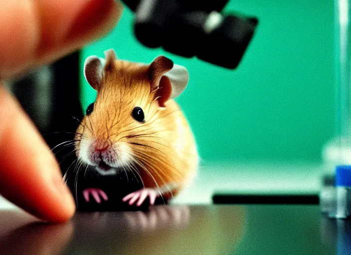 Image similar to film still of a hamster working in a research lab looking through a tiny microscope, 8 k