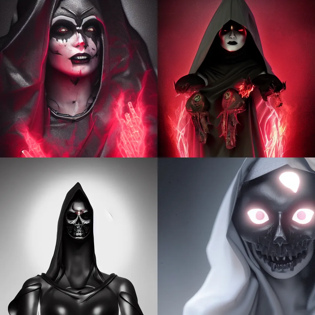 Prompt: the goddess of death wearing a black hood, octane render, trending on artstation, digital art