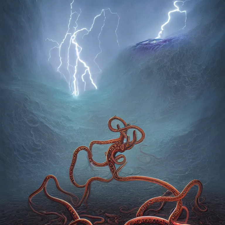 Image similar to An amorphic being with tentacles of liquid reflective copper and neon emerges from the dark surreal ether, mist amidst lightning, high contrast lighting, backlit, blacklight by Michael Whelan and Ed Binkley