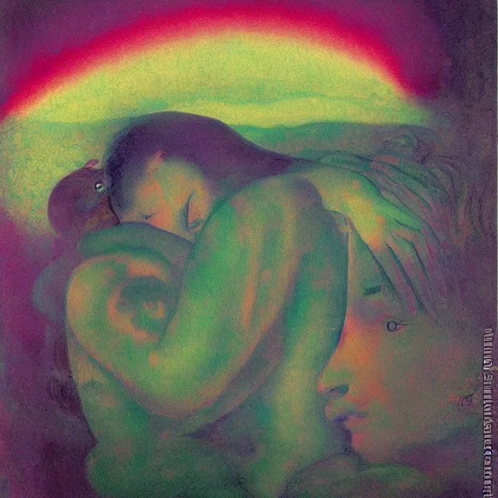 Image similar to close portrait of woman and man kissing. aurora borealis. iridescent, psychedelic colors. painting by balthus, agnes pelton, utamaro, monet