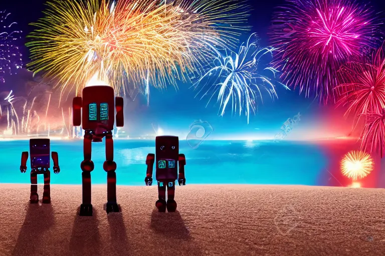 Image similar to happy robots watching the fireworks at the beach, new year, 8k, beatiful, high detail, high resolution