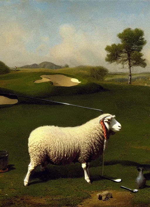 Image similar to a sheep swinging a golf club, sharp focus, matte painting, by isaac levitan and asher brown durand,