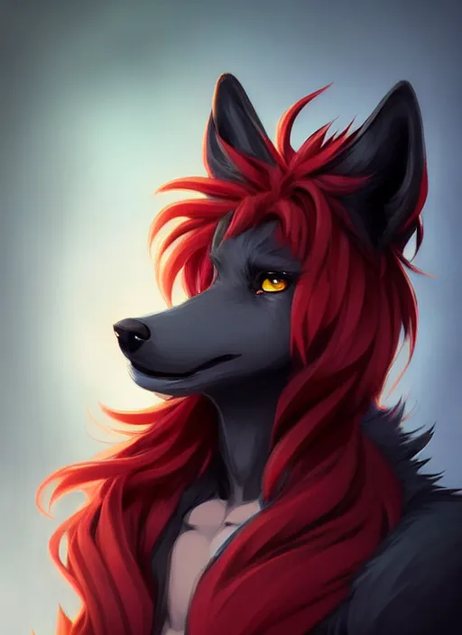 Image similar to character concept art of a black anthropomorphic furry male wolf long red hair | | cute - fine - face, pretty face, key visual, realistic shaded perfect face, fine details by stanley artgerm lau, wlop, rossdraws, james jean, andrei riabovitchev, marc simonetti, and sakimichan, trending on artstation