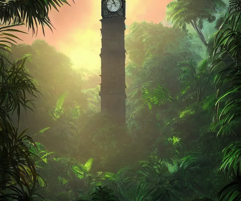 Image similar to a tall clock tower in a jungle!, mist, tropical trees, vines, birds, sunset!, fluffy clouds, warm colors, beautiful lighting, digital art, intricate details, trending on artstation