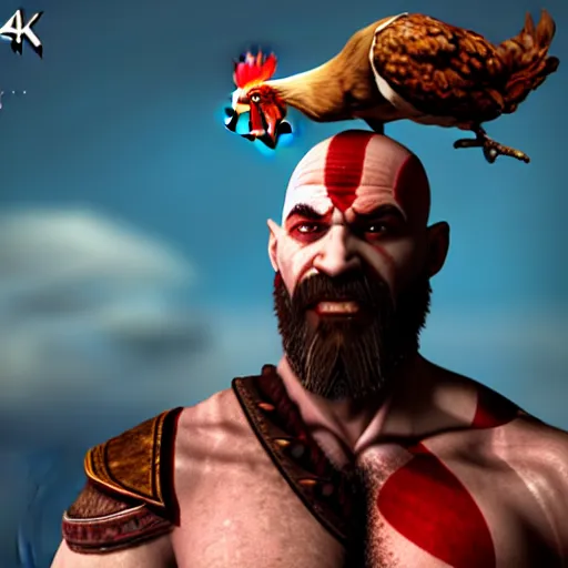 Image similar to screenshot of Kratos with a chicken head, volumetric lighting, high detail, 4k, warm toned gradient background