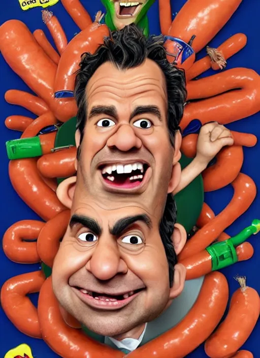 Prompt: hyperrealistic mark ruffalo caricature screaming on a dartboard surrounded by big fat frankfurter sausages with a trippy surrealist mark ruffalo screaming portrait on spitting image by Bob Byerley and aardman animation, mark ruffalo caricature dartboard with hotdogs, mascot, target reticles, dart board