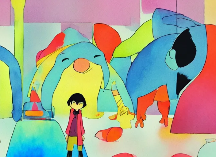 Image similar to stunning clarity experimental studies of the protagonist's best friend by masaaki yuasa, pleasing palette watercolor and mixed media shape design