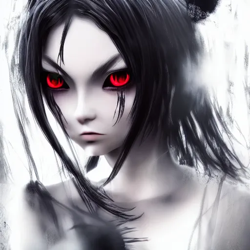 Image similar to photorealistic full shot portrait of angry darkness anime girl, dark look, inspired by Tim Burton, detailed, unreal engine 4k volumetric light, fog,