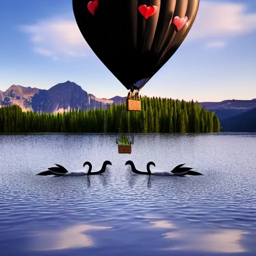 Image similar to photo of two black swans swimming in a beautiful reflective mountain lake, touching heads, forming a heart with their necks, a colorful hot air balloon is flying above the swans, hot air balloon, intricate, portrait, 8k highly professionally detailed, HDR, CGsociety, octane render, 4k