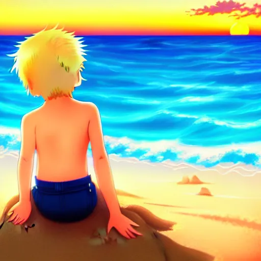 Image similar to beautiful, detailed digital painting of a blond-haired child making sandcastles on the beach and looking at the sunset, anime by Makoto Shinkai, sand, waves, trending on artstation