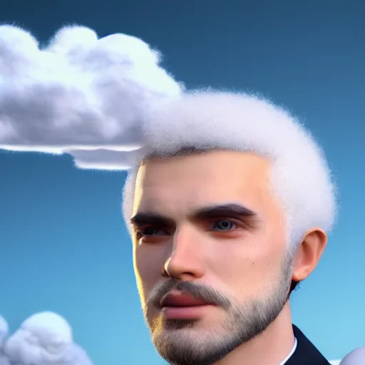 Image similar to beautiful 3D rendered fictional character, his head is made of fluffy clouds, wearing white suit, realistic, 8k, 4k, unreal engine, by Antoni Tudisco, artstation