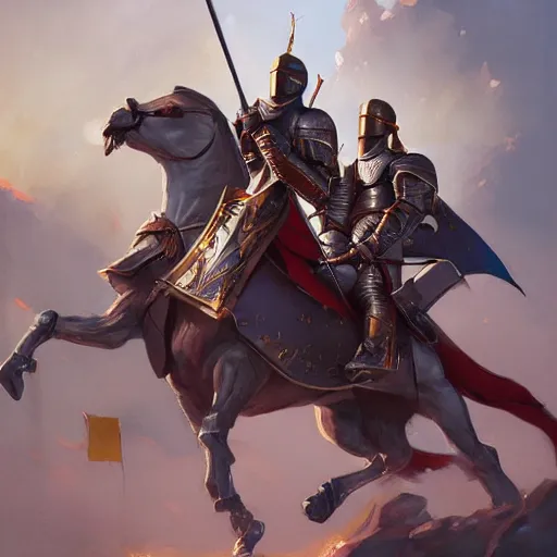 Prompt: two mounted knights tilting against each other in a jousting tournament, art by artgerm and greg rutkowski and magali villeneuve, d & d, fantasy, highly detailed, digital painting, trending on artstation, concept art, illustration